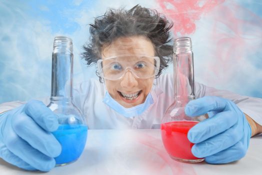 Smiling man scientist with test tube in laboratory