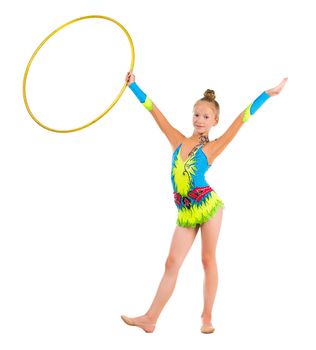 little gymnast doing an exercise with hoop isolated on white background