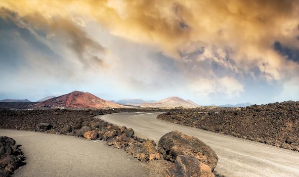 mountain road in Lanzarote at sunset, Canary Islands