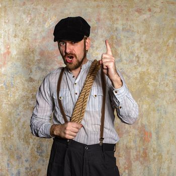 Excited man pointing a great idea adjusting his suspenders with rope