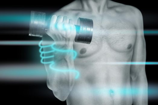 Man is exercising with a dumbbell. Line glow around the hand