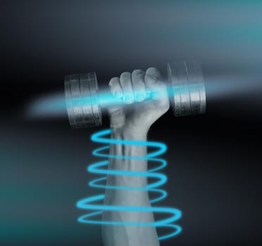 Male hand holds dumbbell on a black background, monochrome image, glow around arms, concept of power