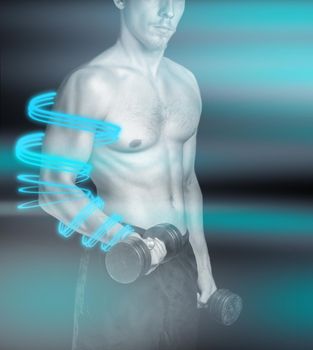 Muscular man makes exercises with dumbbells, fitness, glow around arms, concept of power