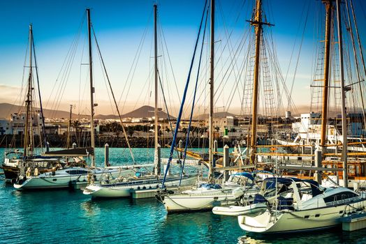 yacht bay on amazing backgrount with city and mountains