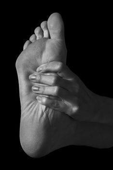 Pain in the female foot, monochrome image