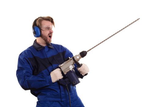 Crazy construction worker with a puncher on a white background