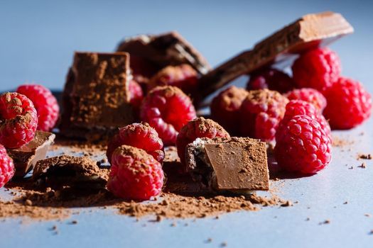 red Raspberry fruit on gray background chocolate
