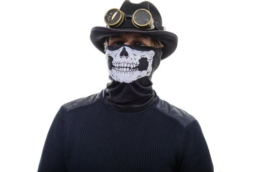 Portrait of a steampunk man in the hat and mask skeleton on white background.