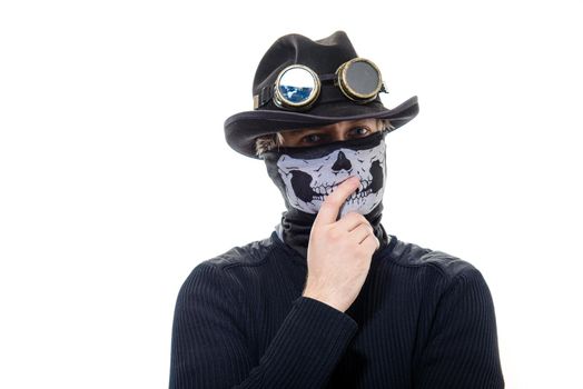 Portrait of a steampunk man in the hat and mask skeleton on white background.