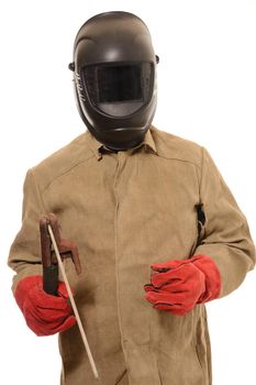 worker welder in a protective mask with on isolated background