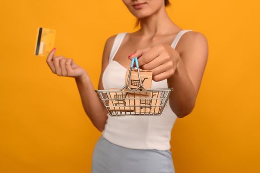 Close up of female hand horizontal holds toy metal shopping basket with blue plastic handle and credit card isolated on background. image