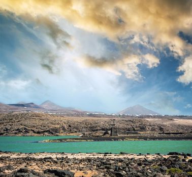 beautiful mountain landscape with a lake on the island of Lanzarote, Canary Islands