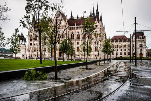 view on square and National Hungarian Parliament