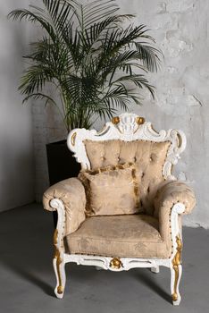 Antique white sofa armchair standing next to a plant pot on white wall.