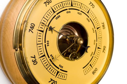Vintage style barometer isolated on white wall background - image