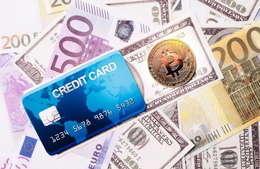 Concept bank card bitcoin on a money background - Image