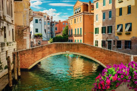 Canal and bridge in Venice at sunset