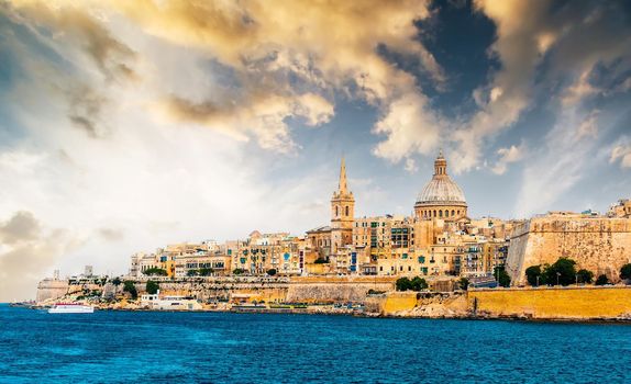 scenic View of Marsamxett Harbour and Valletta in Malta at sunset