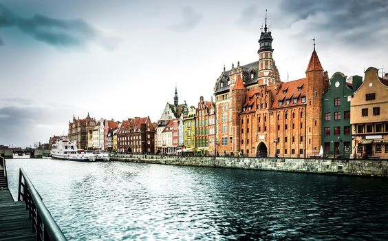 Cityscape on the Vistula River in historic city of Gdansk in Poland