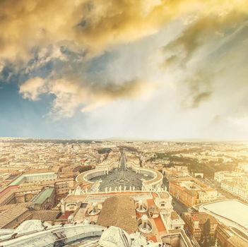 Saint Peter Square and Saint Peter Basilica in sunset, Vatican