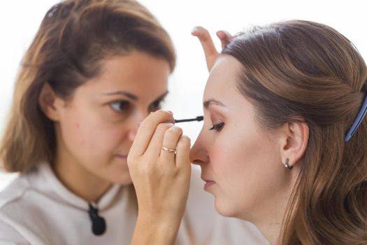 Beauty and cosmetics concept - Makeup artist doing professional make up of young woman.