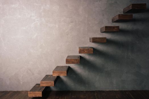 Cantilevered dark wooden staircase . Minimalism style,ascending diagonal