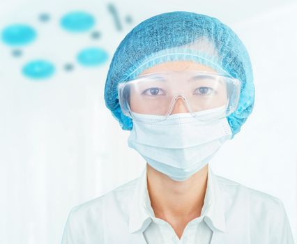 Portrait of female surgeon in protective uniform in a hospital