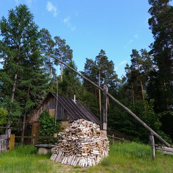 Small hut in the garden with firewood.
