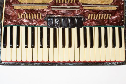 Details of an old accordion, closeup view.