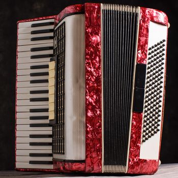 Mother of pearl accordion on a black background.