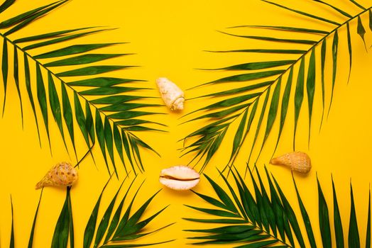 Flat lay traveler accessories with palm leaf, seashells . Top view travel or vacation concept. Summer background.