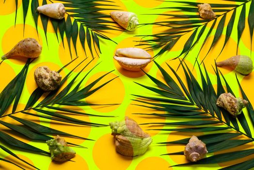 Flat lay traveler accessories with palm leaf, seashells . Top view travel or vacation concept. Summer background.