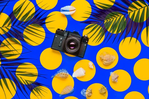 Flat lay traveler accessories with palm leaf, seashells, camera . Top view travel or vacation concept. Summer background.