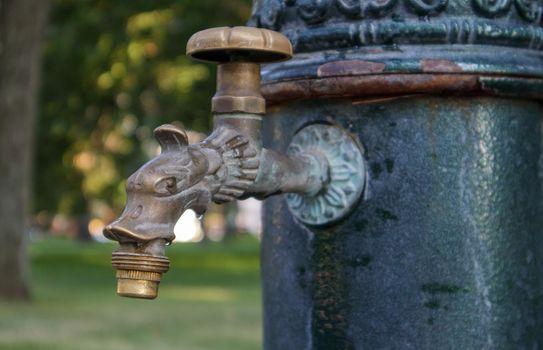 Water well in the park in summer, pumping system, close-up and side view of a beautiful metal bronze faucet. Part of an old iron outdoor tap. Click on the mineral water pump room