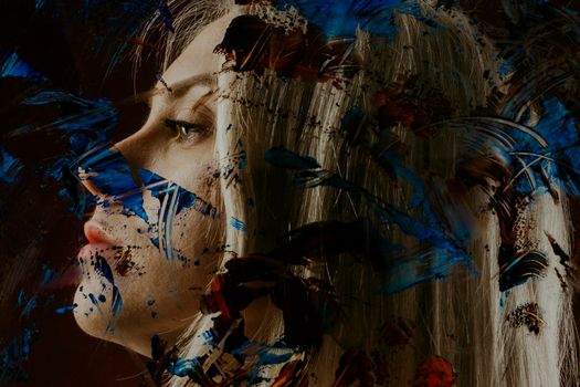 Profile of a young woman behind glass in paint. The concept of suffering girls autistic. - Image