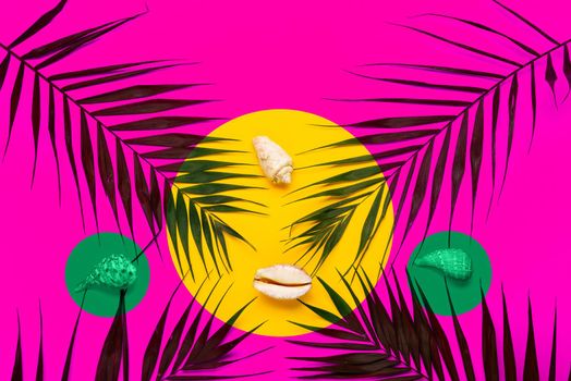 Flat lay traveler accessories with palm leaf, seashells . Top view travel or vacation concept. Summer background.