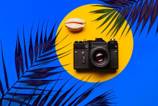 Flat lay traveler accessories with palm leaf, seashells, camera . Top view travel or vacation concept. Summer background.