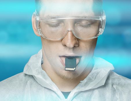 Young man or robot holding digital memory card on his tongue, memory and futuristic concept