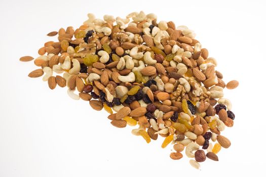 Mix of nuts and dried fruits. Cashew, almonds, macadamia, hazelnuts, Brazilian, walnuts, raisins, peanuts - image