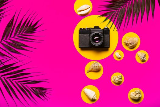 Flat lay traveler accessories with palm leaf, seashells, camera . Top view travel or vacation concept. Summer background.