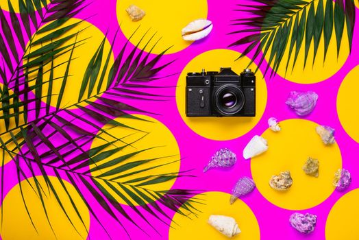 Flat lay traveler accessories with palm leaf, seashells, camera . Top view travel or vacation concept. Summer background.