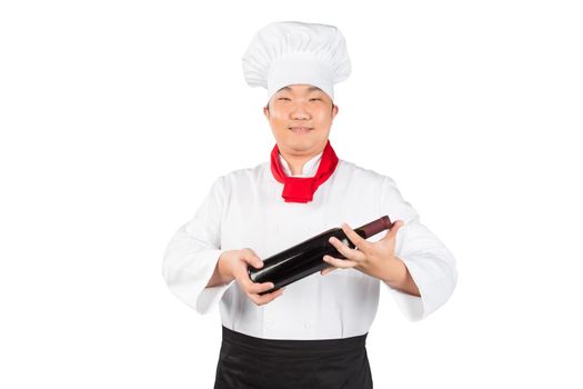 portrait of chef with wine isolated on white
