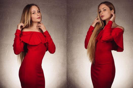 Picture of a charming young girls in red dress in studio