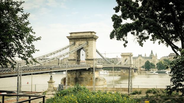 Szechenyi (Chain) bridge crossing Danube in Budapest, Hungary