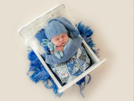 Newborn baby boy wearing hat sleeping and holding knitted bunny. Infant child kid resting with toy during studio photoshoot