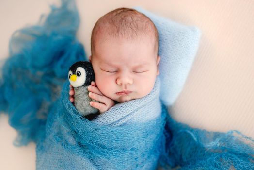 Newborn baby boy swaddled in blue fabric sleeping and holding in tiny hands knitted toy. Infant child kid resting during studio photoshoot