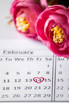 Calendar Reminder close up - Valentine's Day February 14th. Date in a red circle closeup on a background of flowers. Selective focus