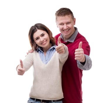 smiling couple with thumbs up isolated on white background