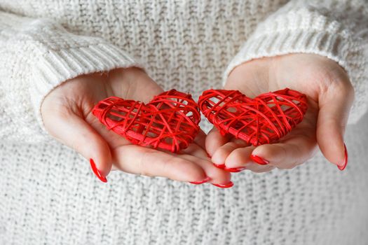 Two red hearts in the hands. A young woman in a white sweater holds two red hearts in her hands.