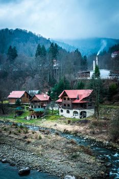 amazing mountain landscape of picturesque village Yaremcha in Carpathians, Ukraine